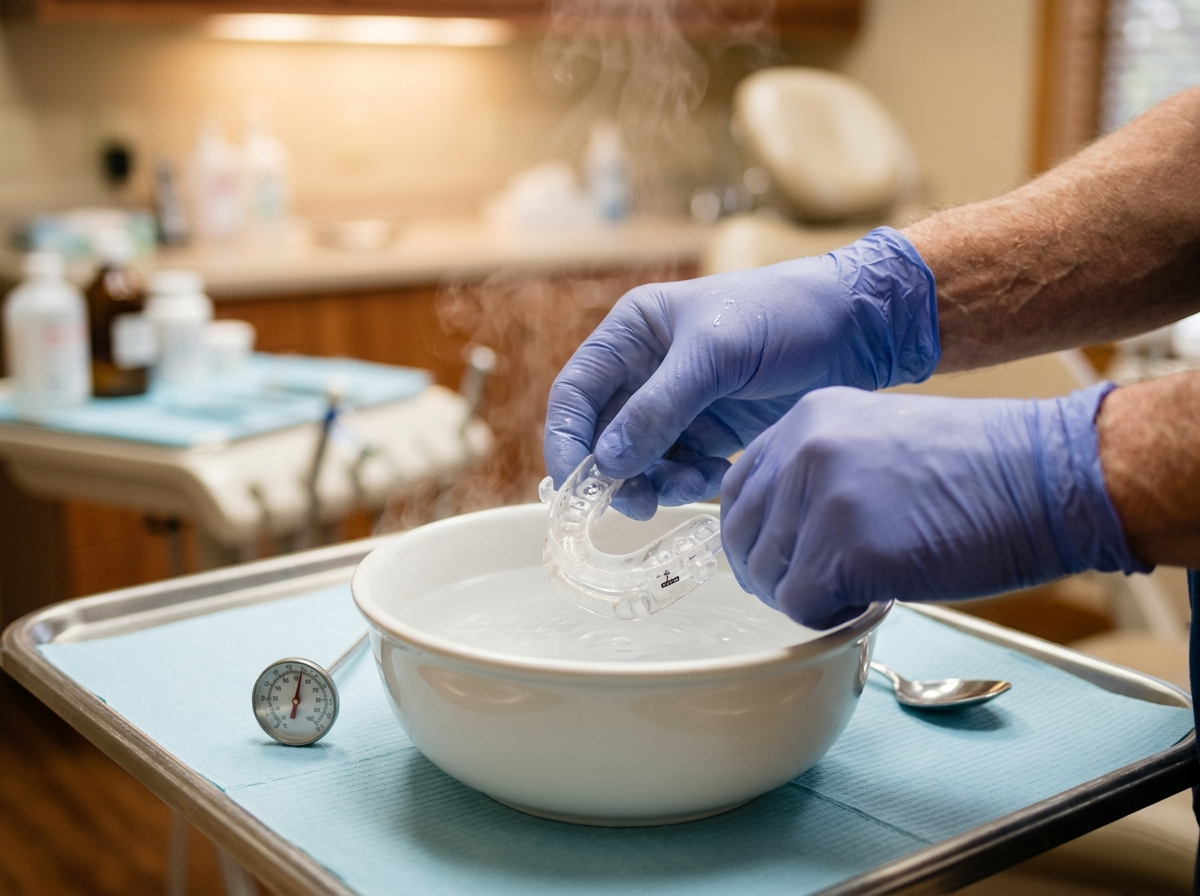 Close-up of hands fitting mouthpiece in hot water for boil-and-bite impression