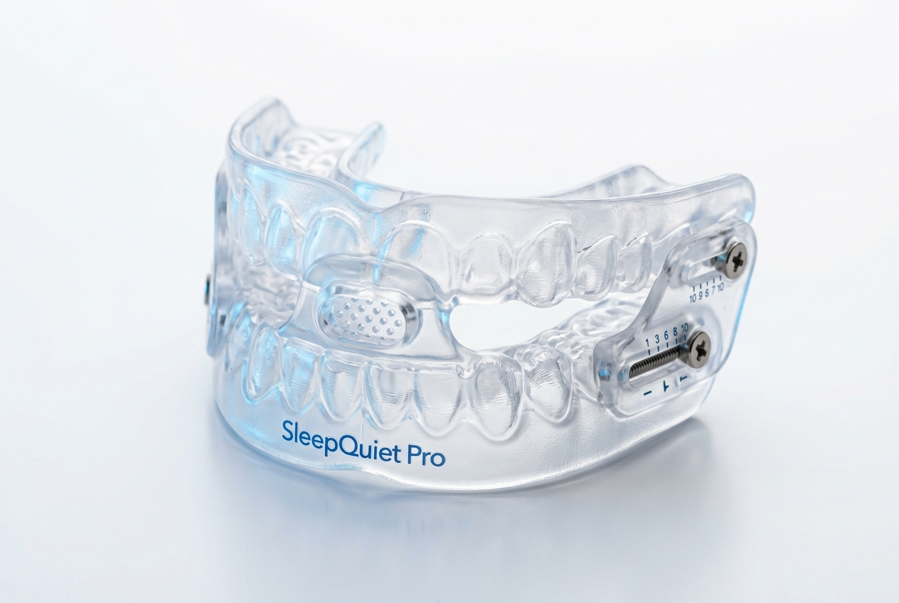 SleepQuiet Pro adjustable anti-snoring mouthpiece on white background with medical-blue accent lighting